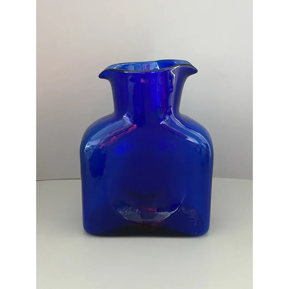 BLENKO Cobalt Blue Art Glass Double Spout Pitcher Vase Carafe 8